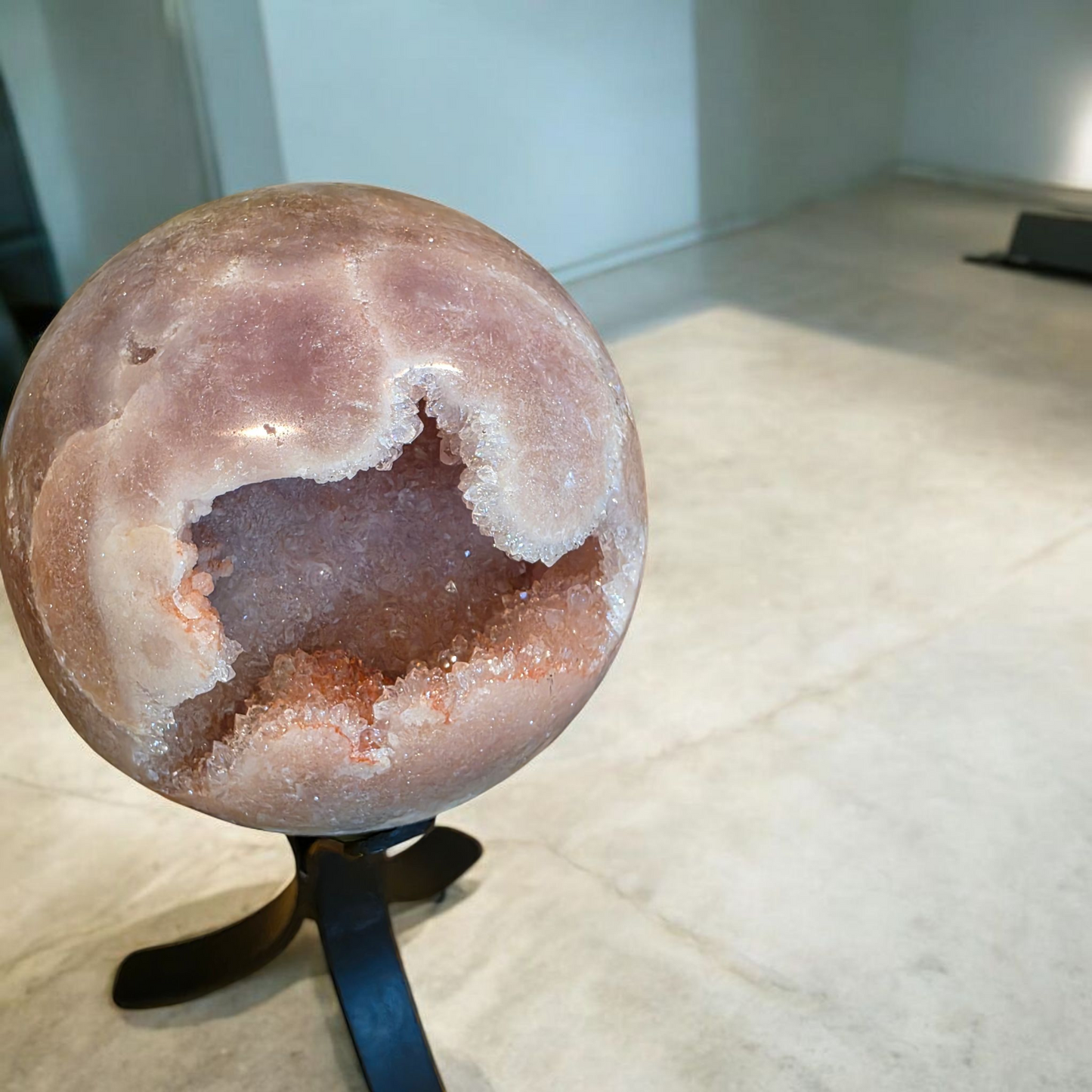 High Quality Pink Amethyst Sphere from Brazil with Natural Geode Core – Includes Metal Stand