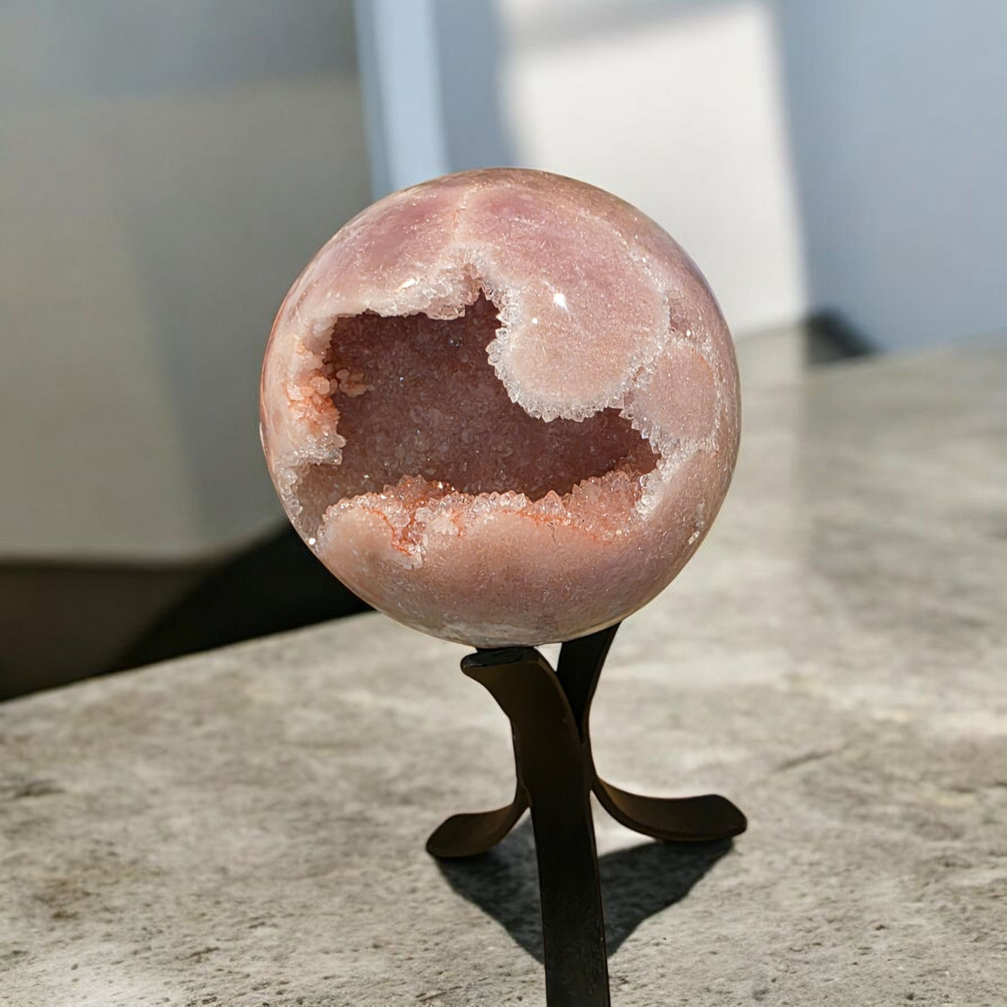 High Quality Pink Amethyst Sphere from Brazil with Natural Geode Core – Includes Metal Stand