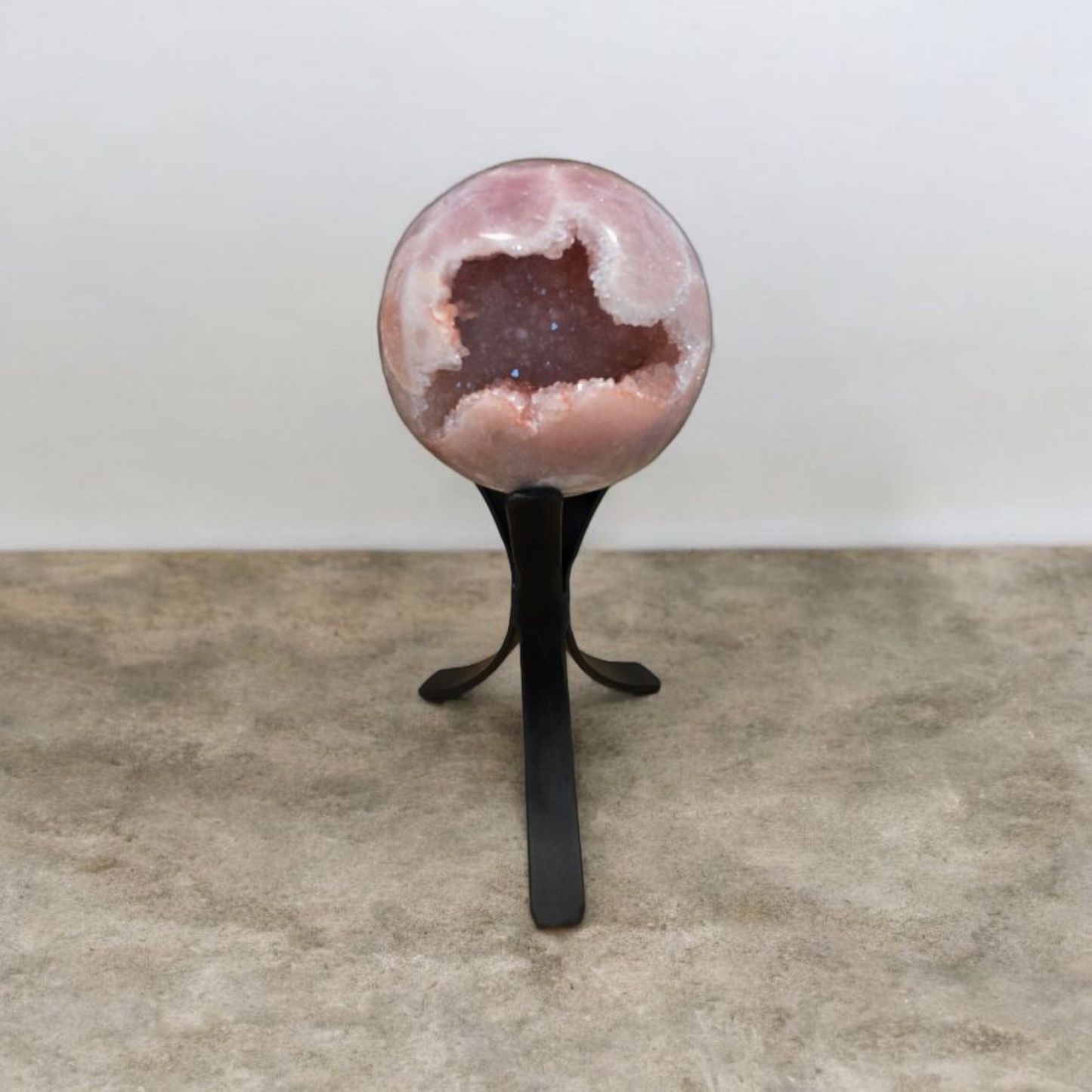 High Quality Pink Amethyst Sphere from Brazil with Natural Geode Core – Includes Metal Stand