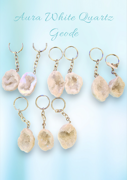 Aura White Quartz Geode Keychain