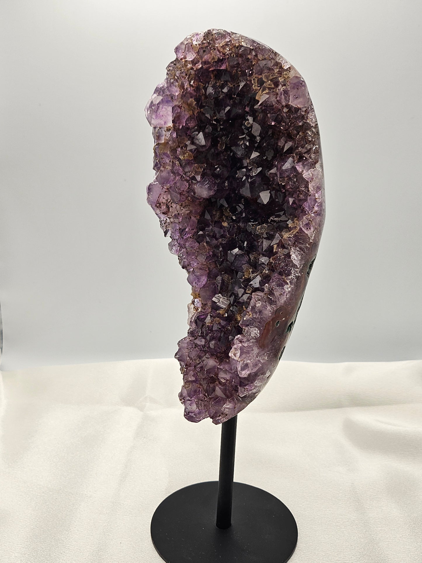 High Grade Dark Purple Amethyst with Calcite on Metal Stand