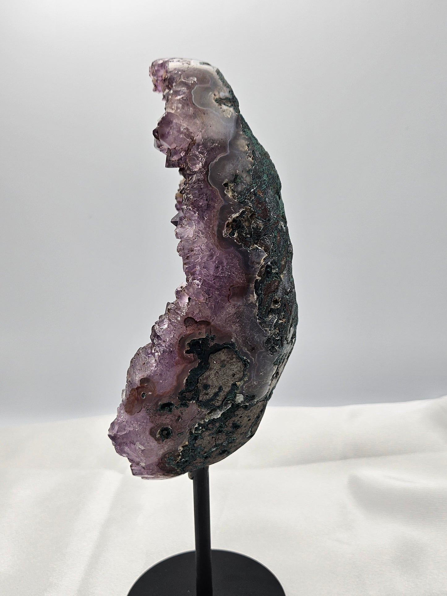 High Grade Dark Purple Amethyst with Calcite on Metal Stand