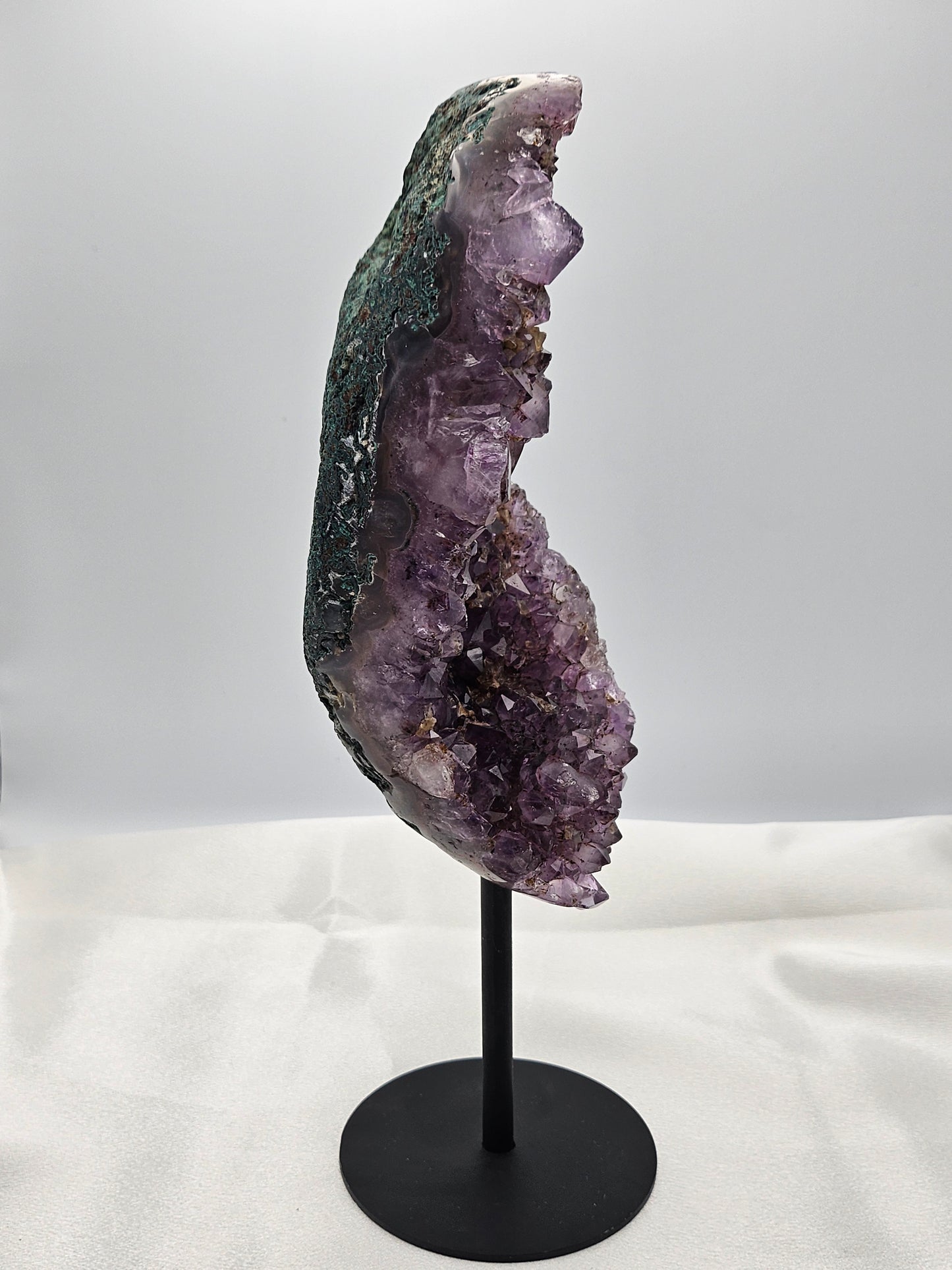 High Grade Dark Purple Amethyst with Calcite on Metal Stand