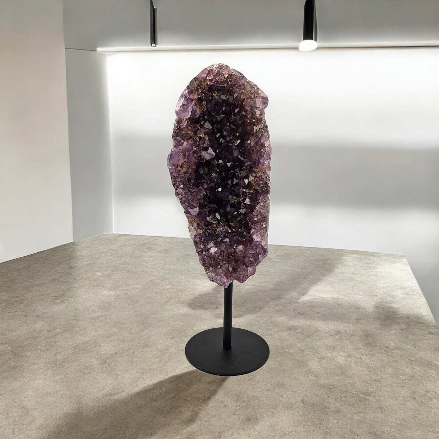 High Grade Dark Purple Amethyst with Calcite on Metal Stand