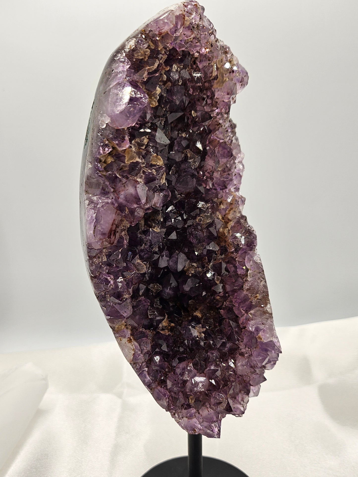 High Grade Dark Purple Amethyst with Calcite on Metal Stand